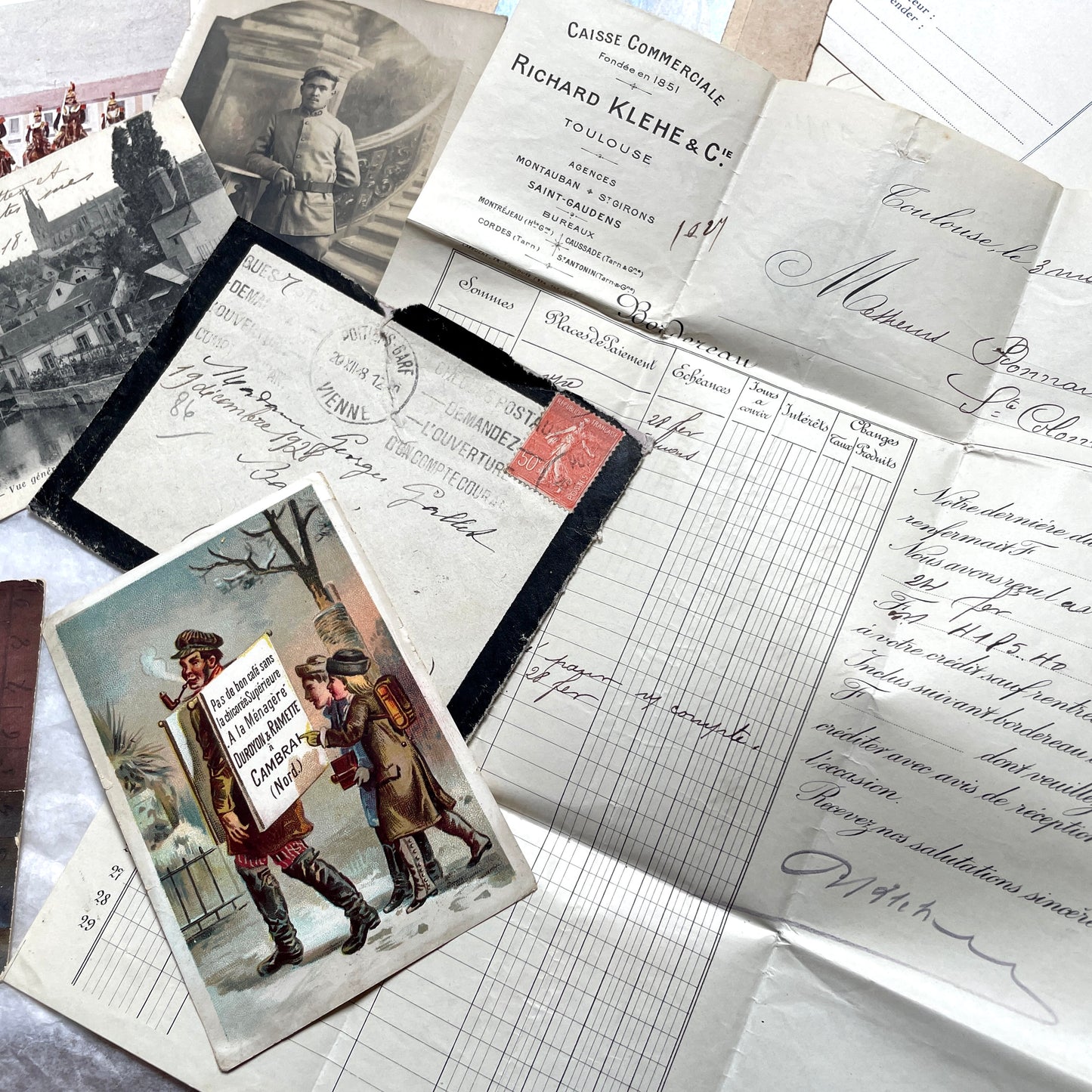 1910s French documents lot with vintage postcards, handwritten letters, business papers, and historical photos.