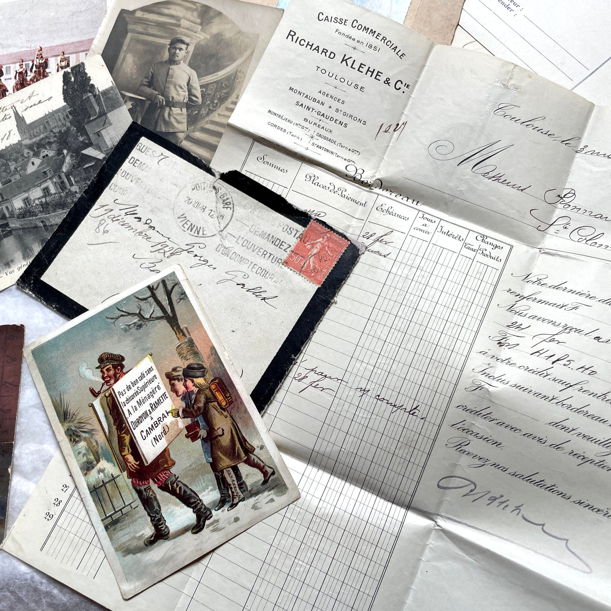 1910s French documents lot with vintage postcards, handwritten letters, business papers, and historical photos.