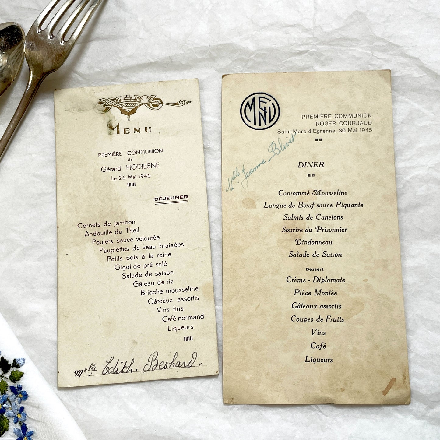 1940s - Vintage French First Communion Menu Set - Post-WWII Historical Event Ephemera - Dining Experience Memorabilia
