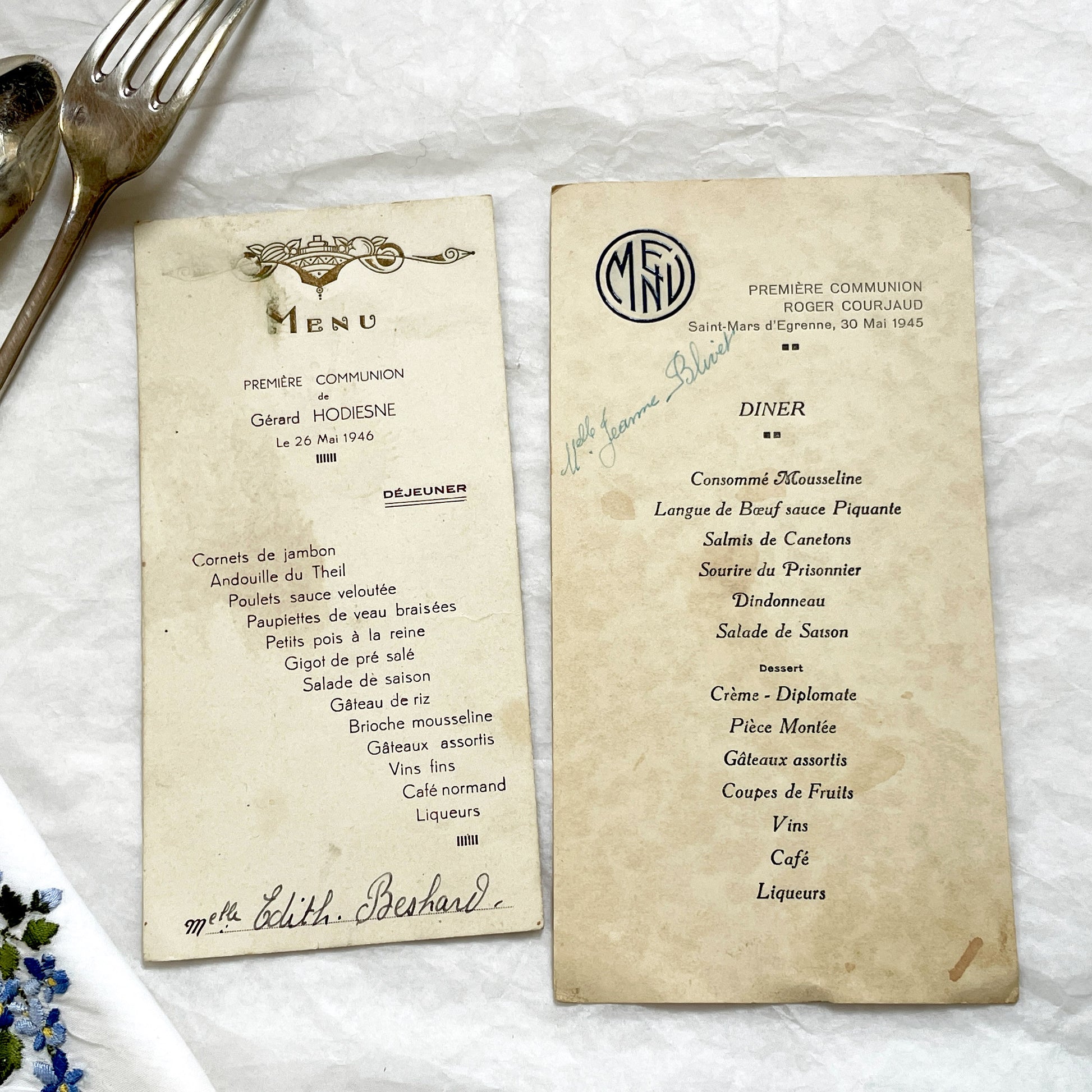 1940s - Vintage French First Communion Menu Set - Post-WWII Historical Event Ephemera - Dining Experience Memorabilia