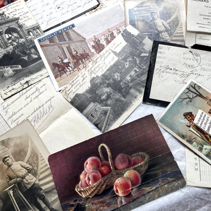 1910s French documents lot with vintage postcards, handwritten letters, business papers, and historical photos.