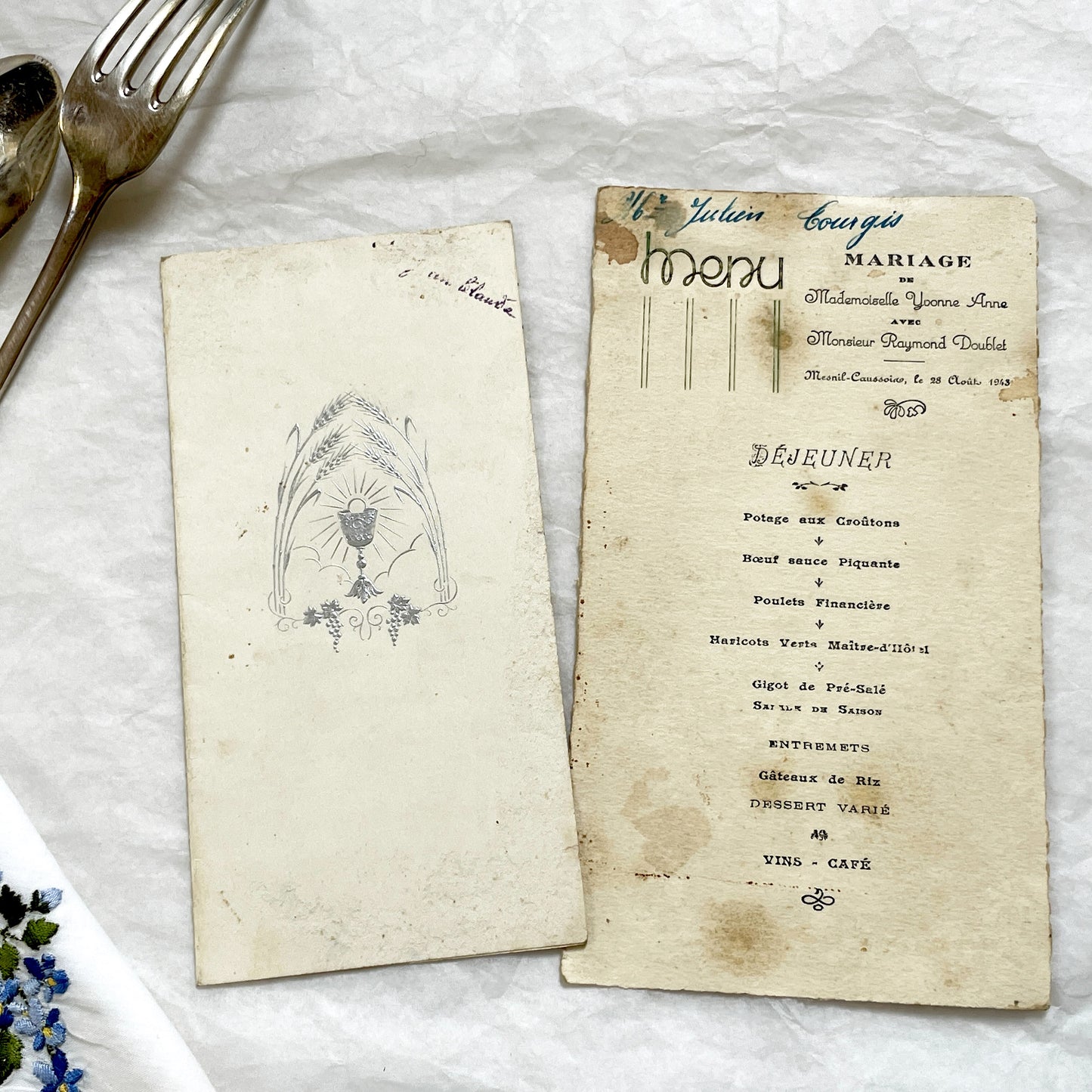1940s - Historic French Wedding Menu 1943 - World War II Era Culinary Document - Occupied France - Two Antique Dinner Programs