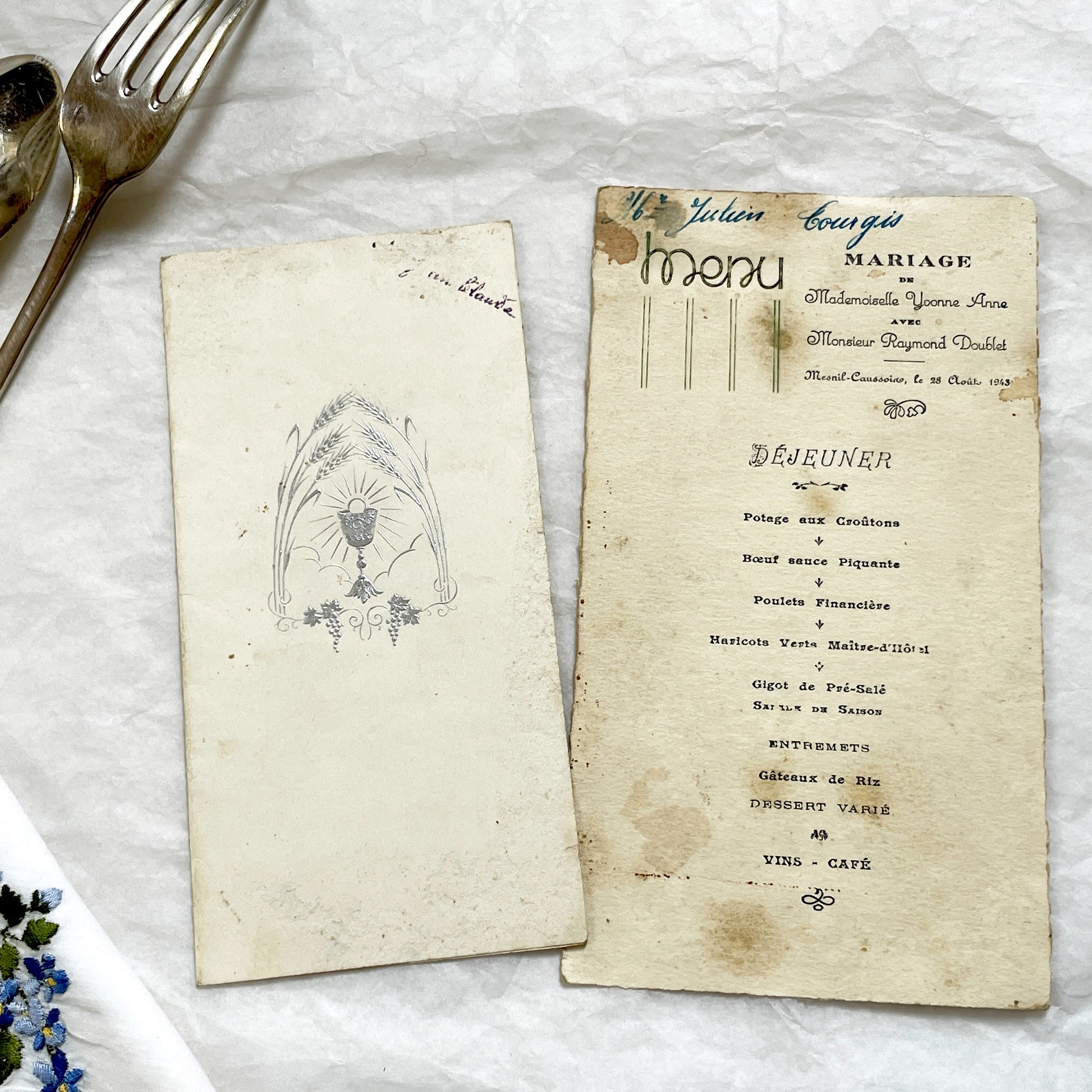 1940s - Historic French Wedding Menu 1943 - World War II Era Culinary Document - Occupied France - Two Antique Dinner Programs