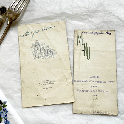 1940s - Vintage French Wedding Menus - Post War Culinary History - Authentic Ephemera - Collectible Dinner Luncheon Cards