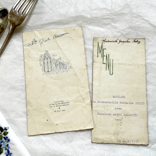 1940s - Vintage French Wedding Menus - Post War Culinary History - Authentic Ephemera - Collectible Dinner Luncheon Cards