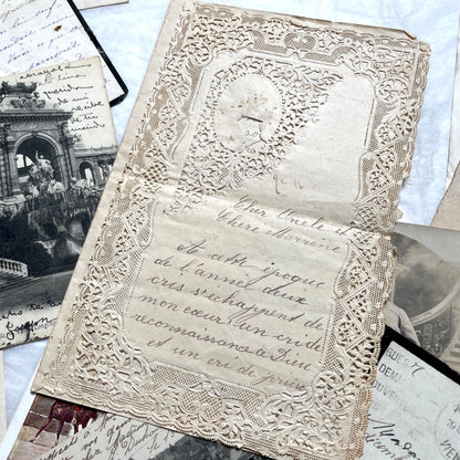 1910s French documents lot with vintage postcards, handwritten letters, business papers, and historical photos.