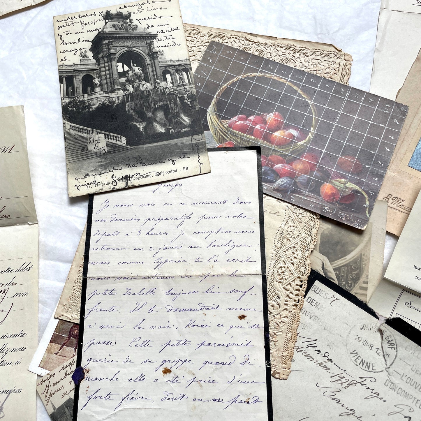 1910s French documents lot with vintage postcards, handwritten letters, business papers, and historical photos.