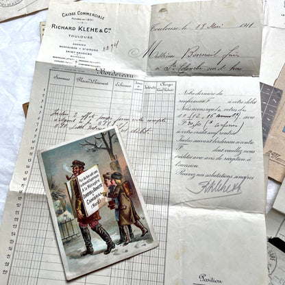 1910s French documents lot with vintage postcards, handwritten letters, business papers, and historical photos.