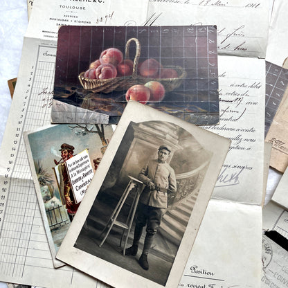 1910s French documents lot with vintage postcards, handwritten letters, business papers, and historical photos.