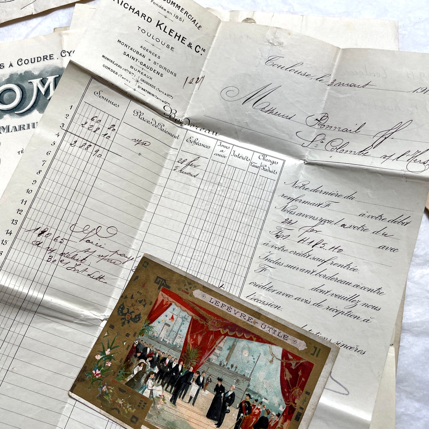 1910s French documents lot with vintage postcards, handwritten letters, business papers, and historical photos.