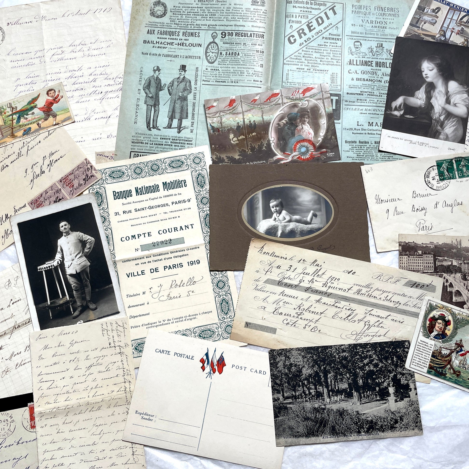 1910s French ephemera lot featuring vintage letters, postcards, bank documents, and photographs from France.