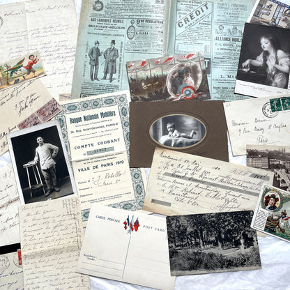 1910s French ephemera lot featuring vintage letters, postcards, bank documents, and photographs from France.