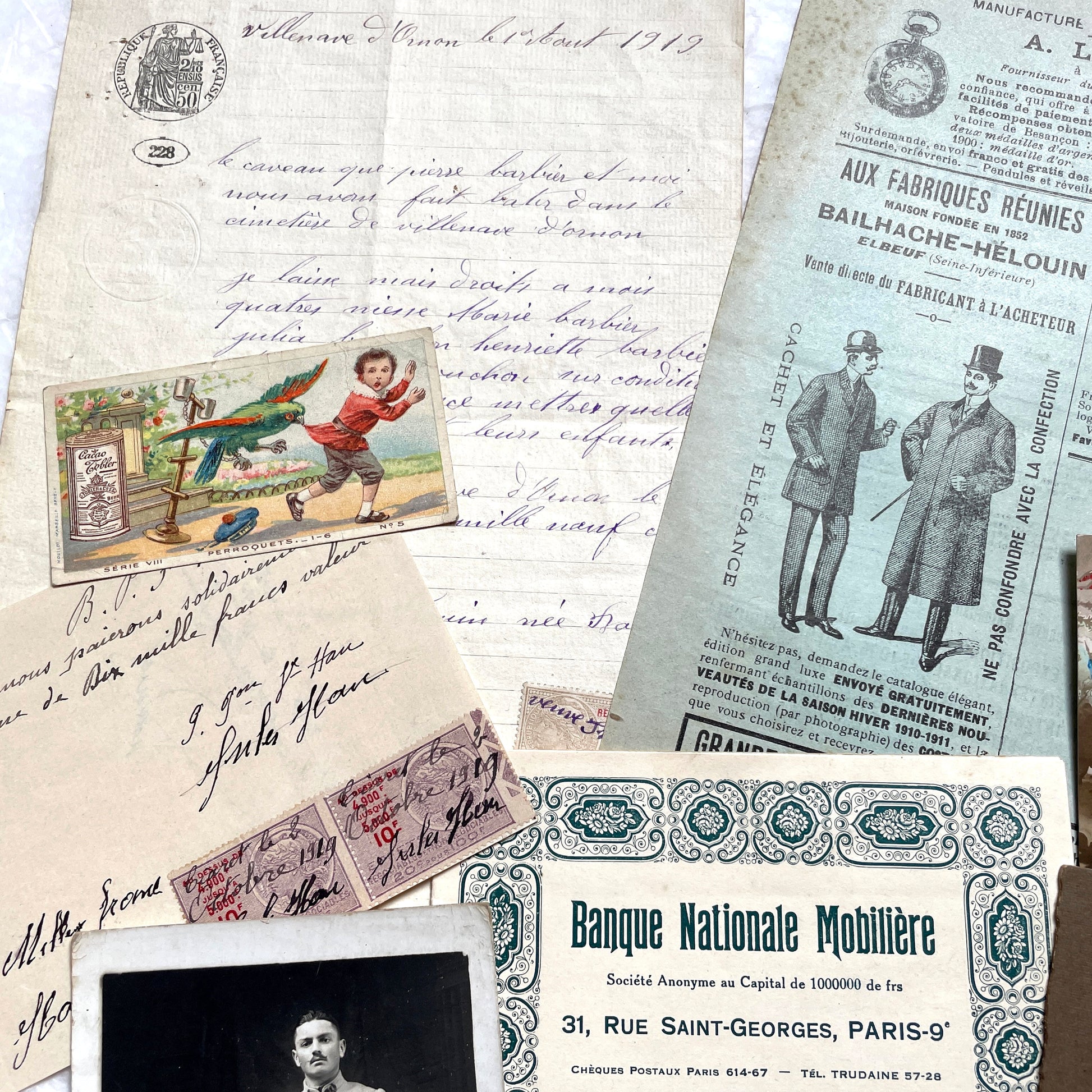 1910s French ephemera lot featuring vintage letters, postcards, bank documents, and photographs from France.