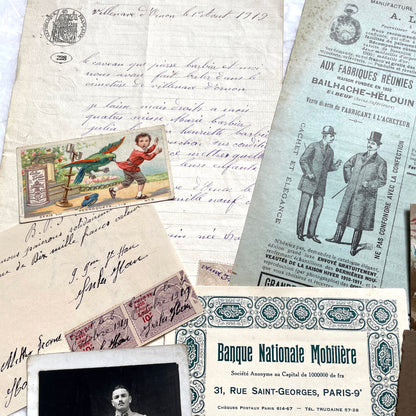 1910s French ephemera lot featuring vintage letters, postcards, bank documents, and photographs from France.