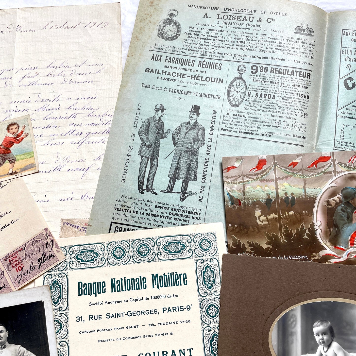 1910s French ephemera lot featuring vintage letters, postcards, bank documents, and photographs from France.