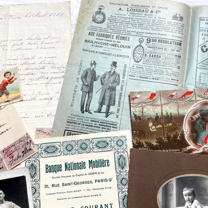 1910s French ephemera lot featuring vintage letters, postcards, bank documents, and photographs from France.