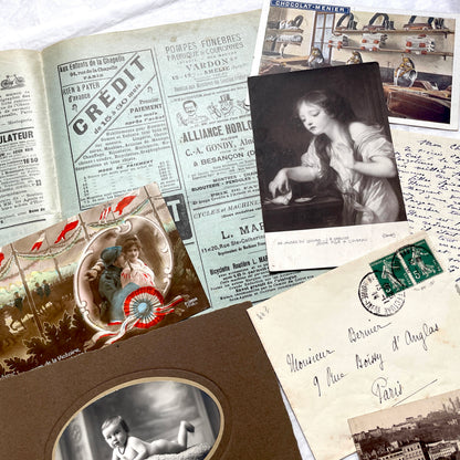 1910s French ephemera lot featuring vintage letters, postcards, bank documents, and photographs from France.