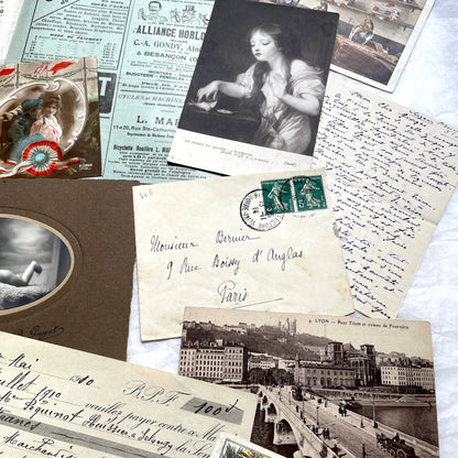 1910s French ephemera lot featuring vintage letters, postcards, bank documents, and photographs from France.