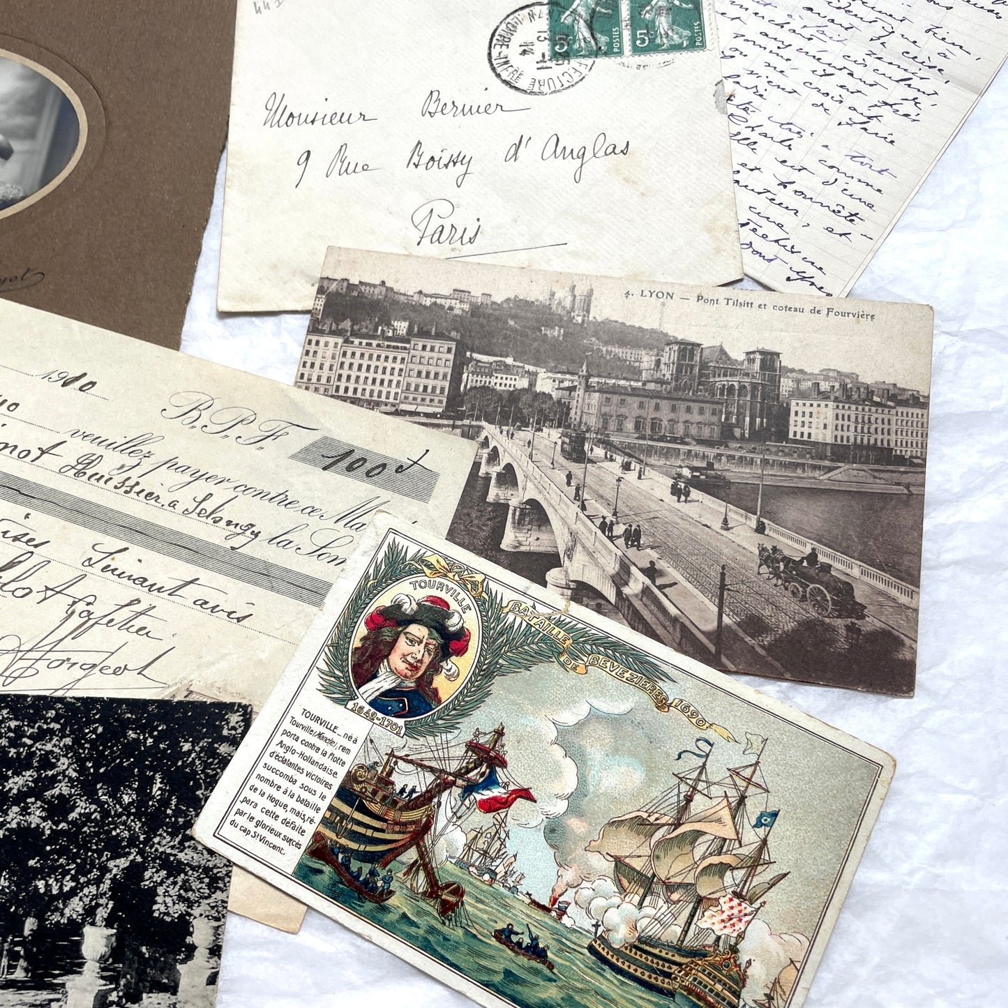 1910s French ephemera lot featuring vintage letters, postcards, bank documents, and photographs from France.