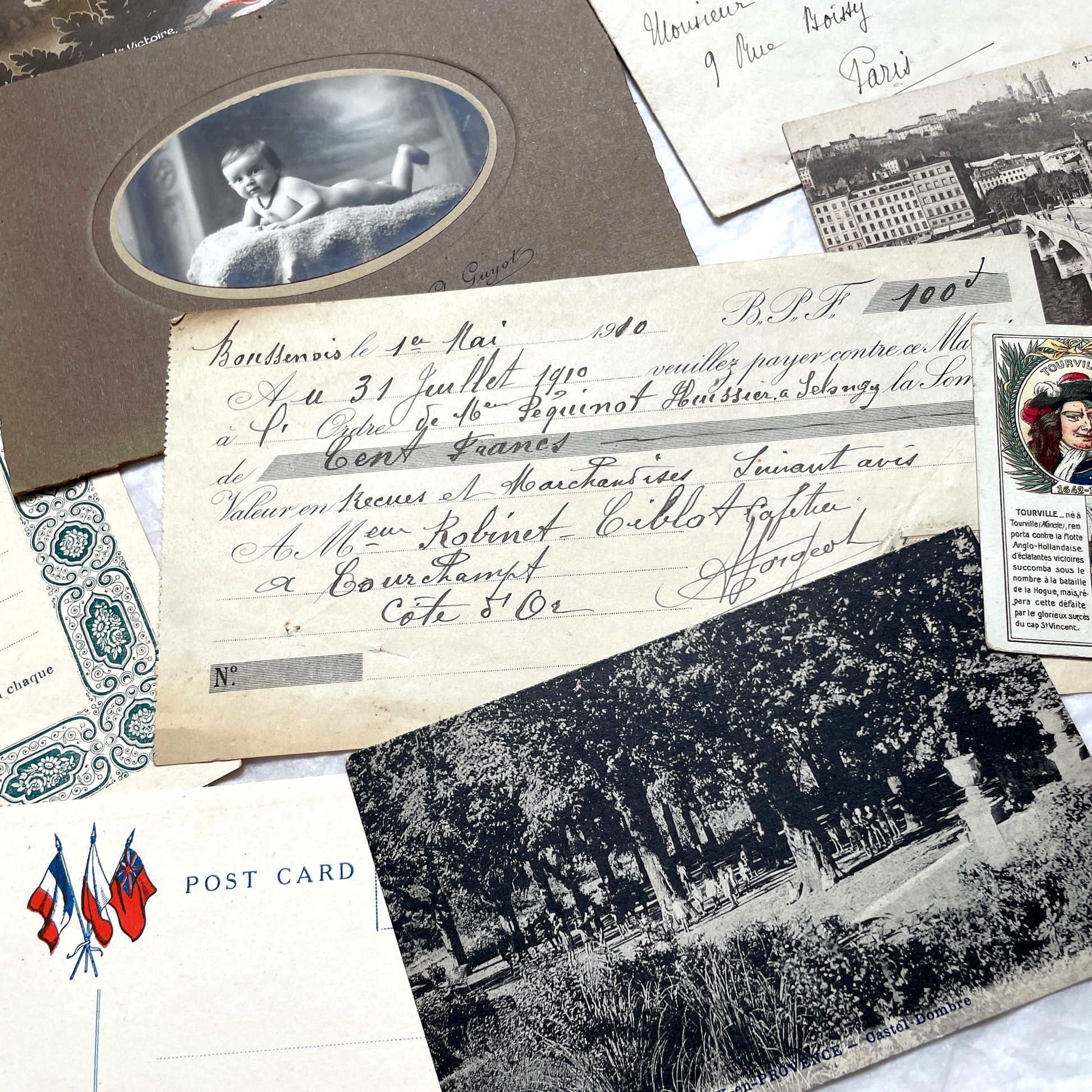 1910s French ephemera lot featuring vintage letters, postcards, bank documents, and photographs from France.