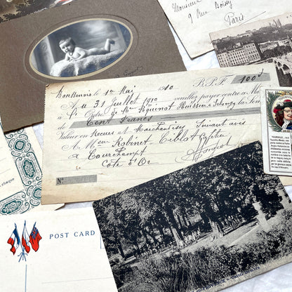 1910s French ephemera lot featuring vintage letters, postcards, bank documents, and photographs from France.
