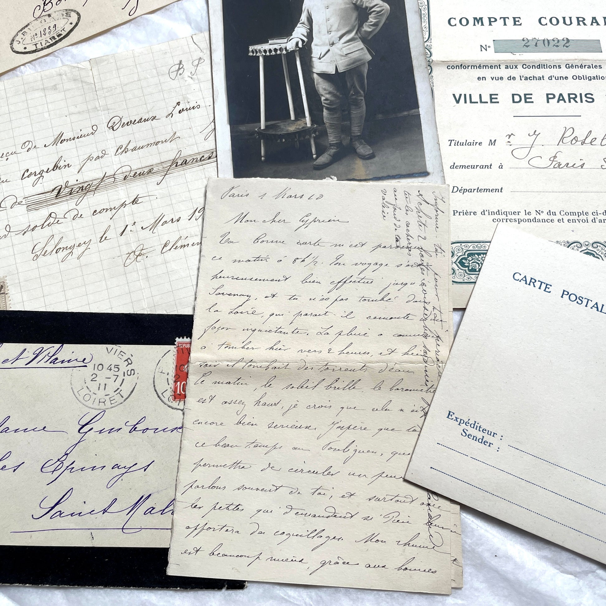 1910s French ephemera lot featuring vintage letters, postcards, bank documents, and photographs from France.