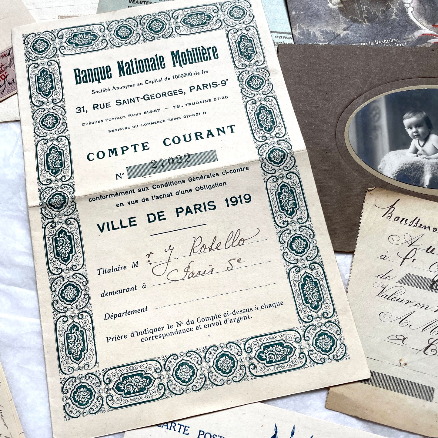 1910s French ephemera lot featuring vintage letters, postcards, bank documents, and photographs from France.