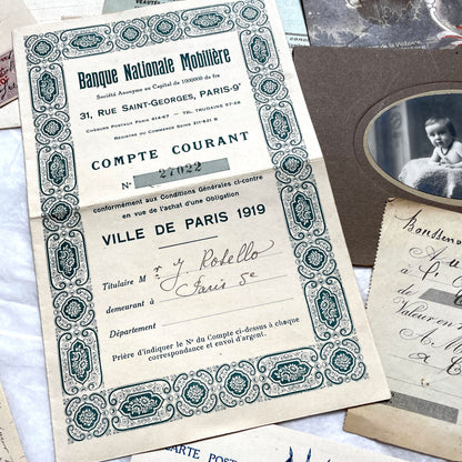 1910s French ephemera lot featuring vintage letters, postcards, bank documents, and photographs from France.