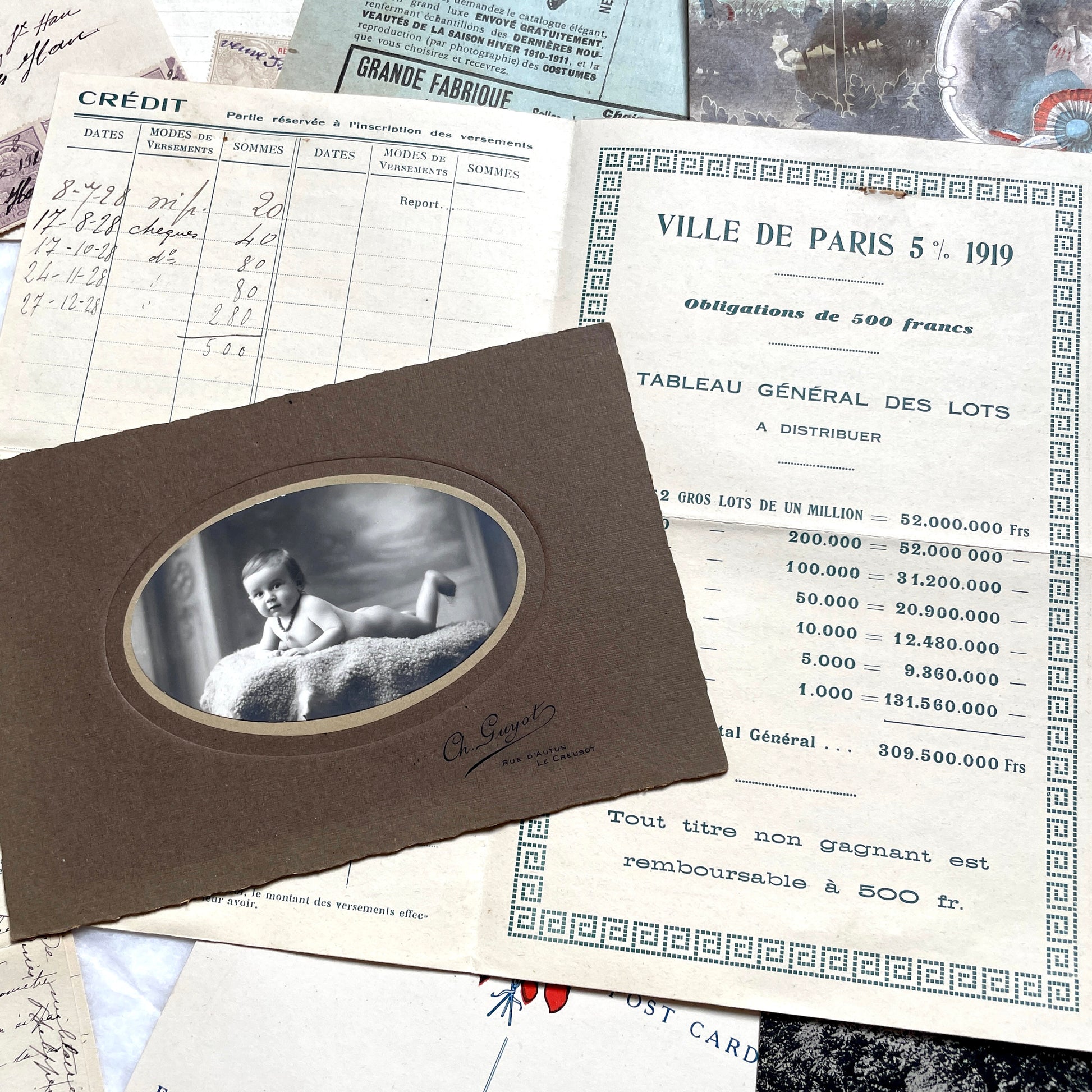 1910s French ephemera lot featuring vintage letters, postcards, bank documents, and photographs from France.