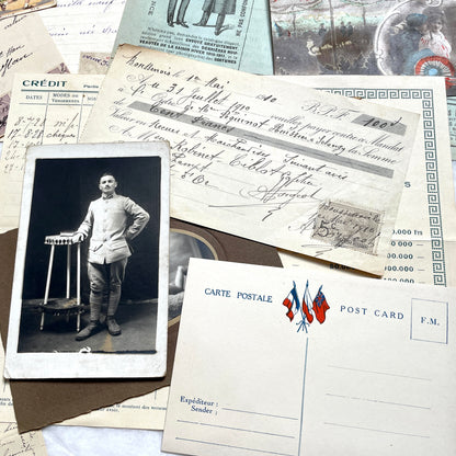 1910s French ephemera lot featuring vintage letters, postcards, bank documents, and photographs from France.