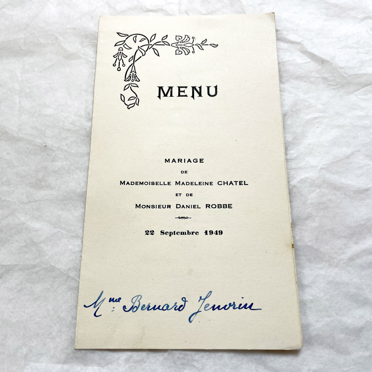 1940s - Two Vintage French Wedding Menus - Antique Ephemera - Celebration Dinner Lunch Wines - Old Paper Memorabilia