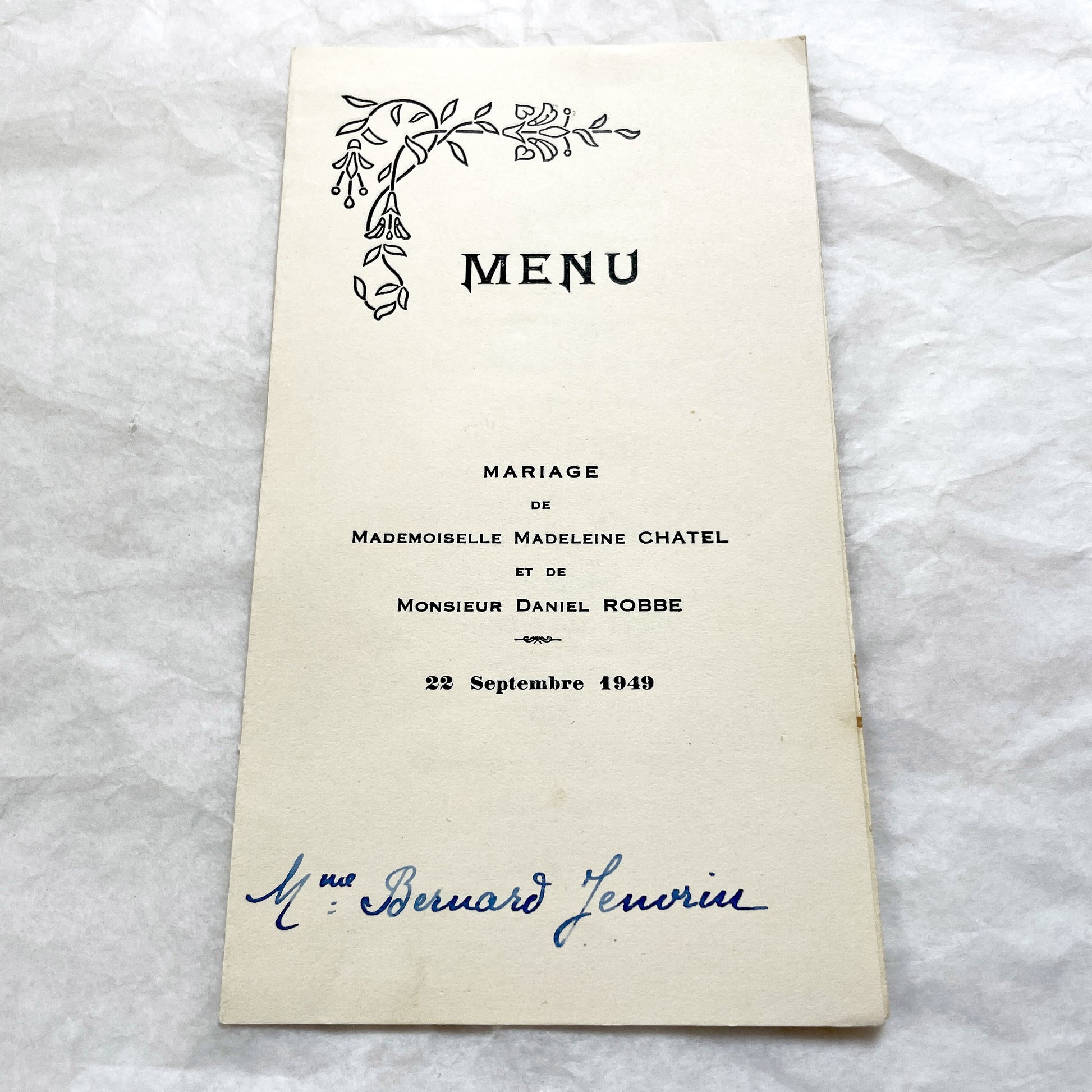 1940s - Two Vintage French Wedding Menus - Antique Ephemera - Celebration Dinner Lunch Wines - Old Paper Memorabilia