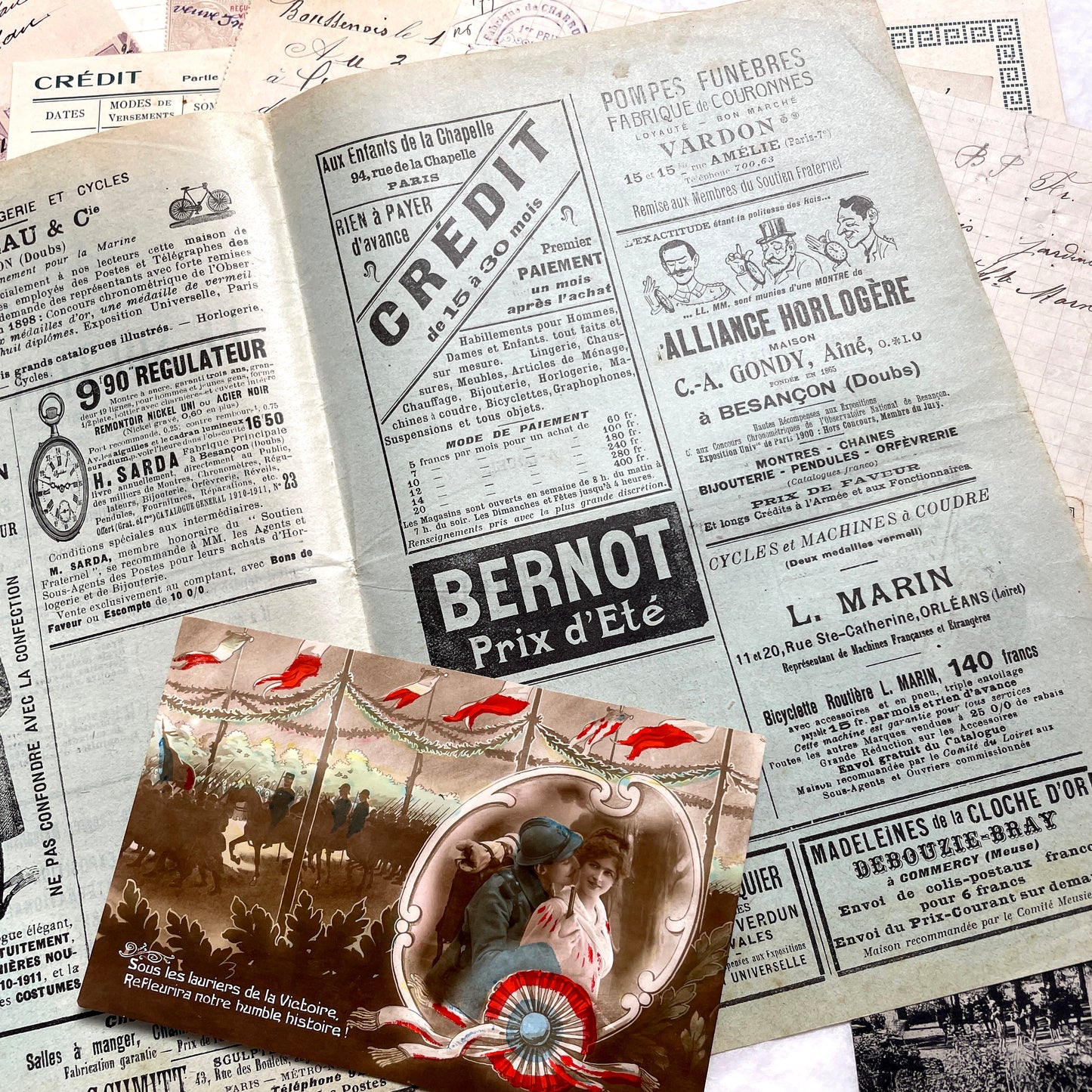 1910s French ephemera lot featuring vintage letters, postcards, bank documents, and photographs from France.