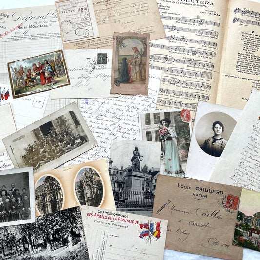 Mixed French Ephemera Lot, 1910s. Vintage postcards, handwritten letters, photos, and historical French documents.