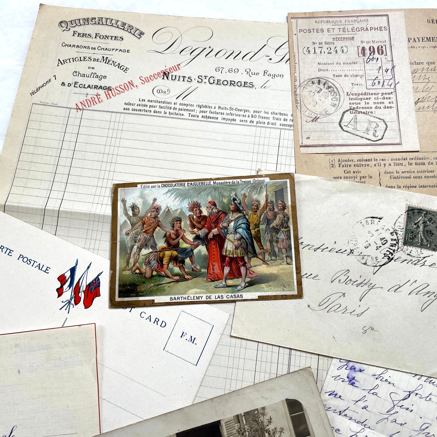 Mixed French Ephemera Lot, 1910s. Vintage postcards, handwritten letters, photos, and historical French documents.