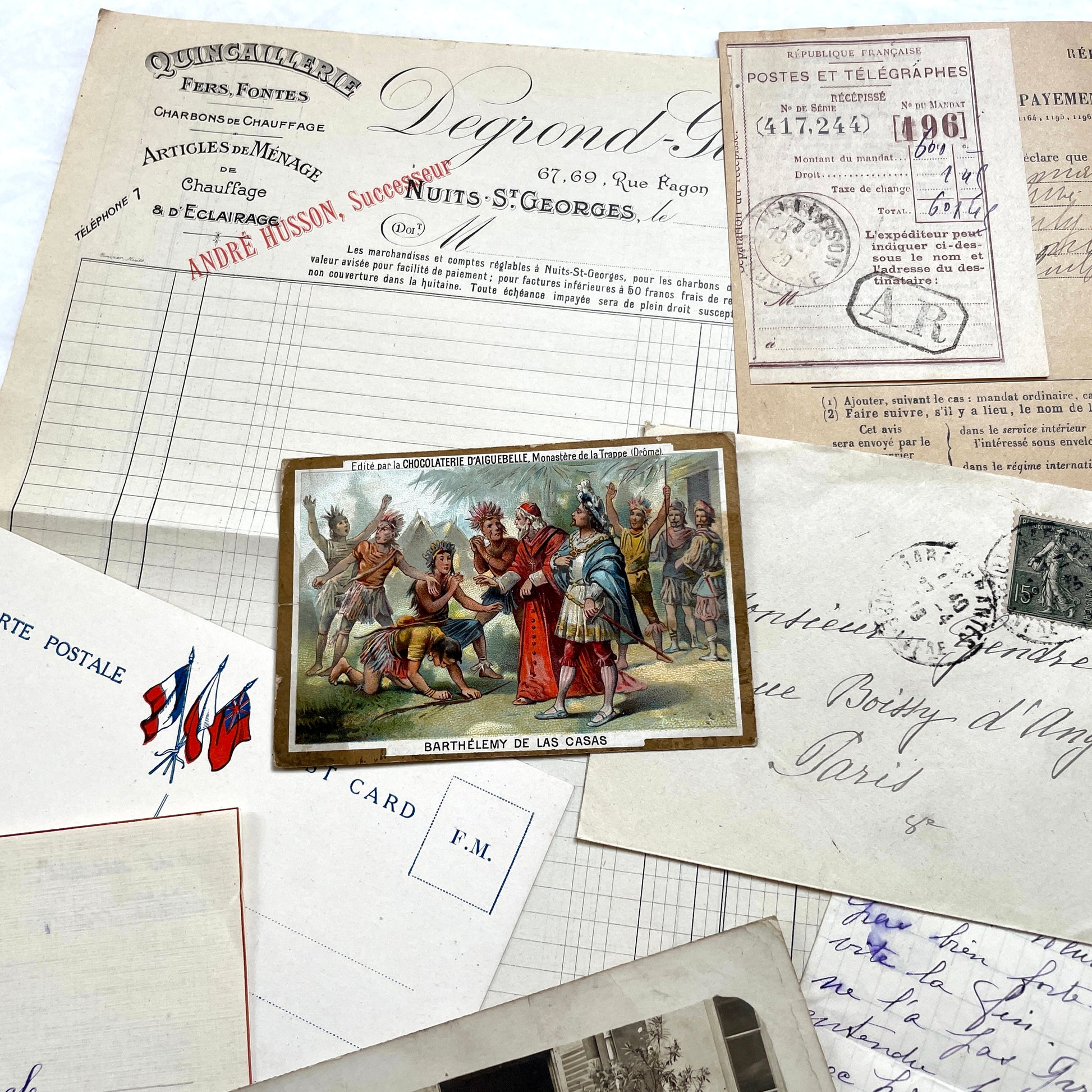 Mixed French Ephemera Lot, 1910s. Vintage postcards, handwritten letters, photos, and historical French documents.