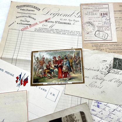 Mixed French Ephemera Lot, 1910s. Vintage postcards, handwritten letters, photos, and historical French documents.