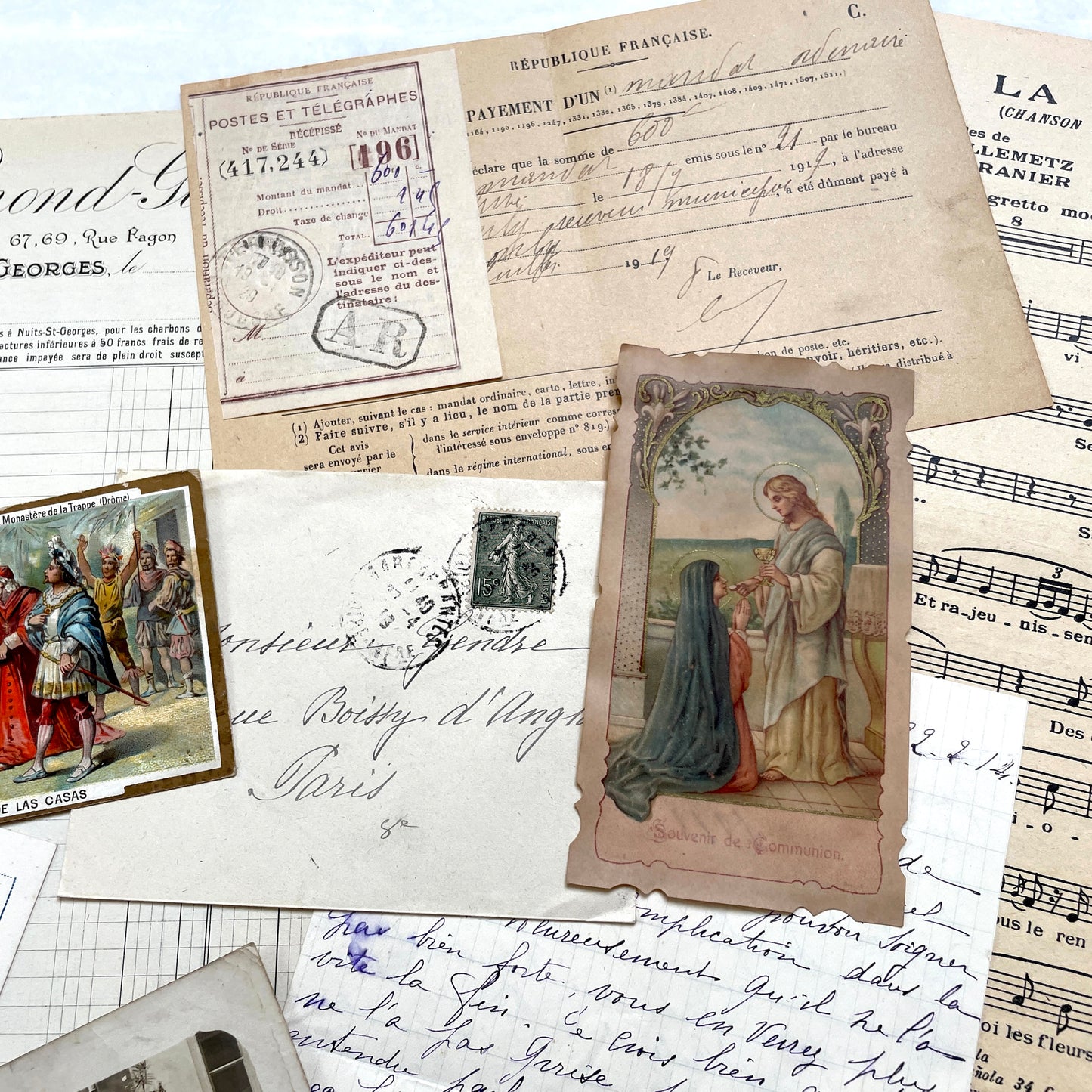 Mixed French Ephemera Lot, 1910s. Vintage postcards, handwritten letters, photos, and historical French documents.