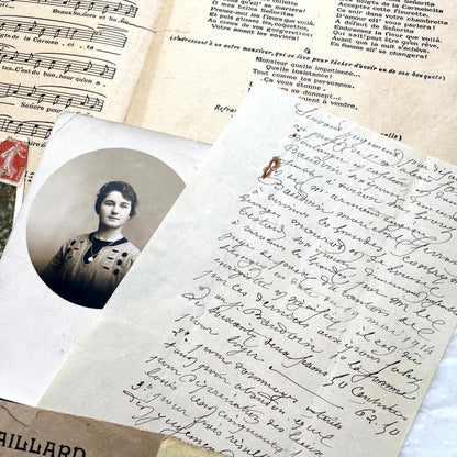 Mixed French Ephemera Lot, 1910s. Vintage postcards, handwritten letters, photos, and historical French documents.