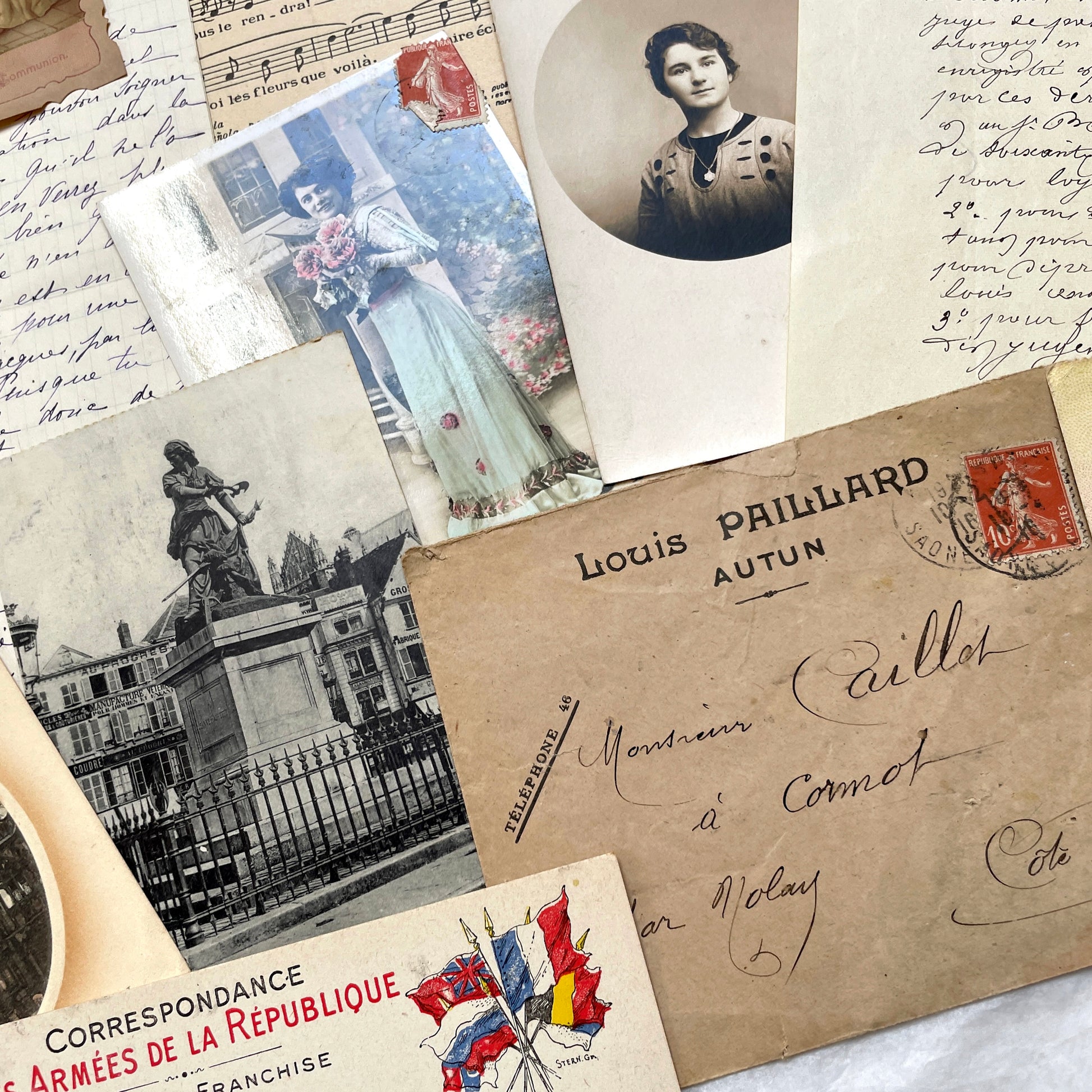 Mixed French Ephemera Lot, 1910s. Vintage postcards, handwritten letters, photos, and historical French documents.