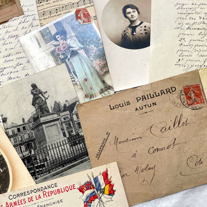 Mixed French Ephemera Lot, 1910s. Vintage postcards, handwritten letters, photos, and historical French documents.