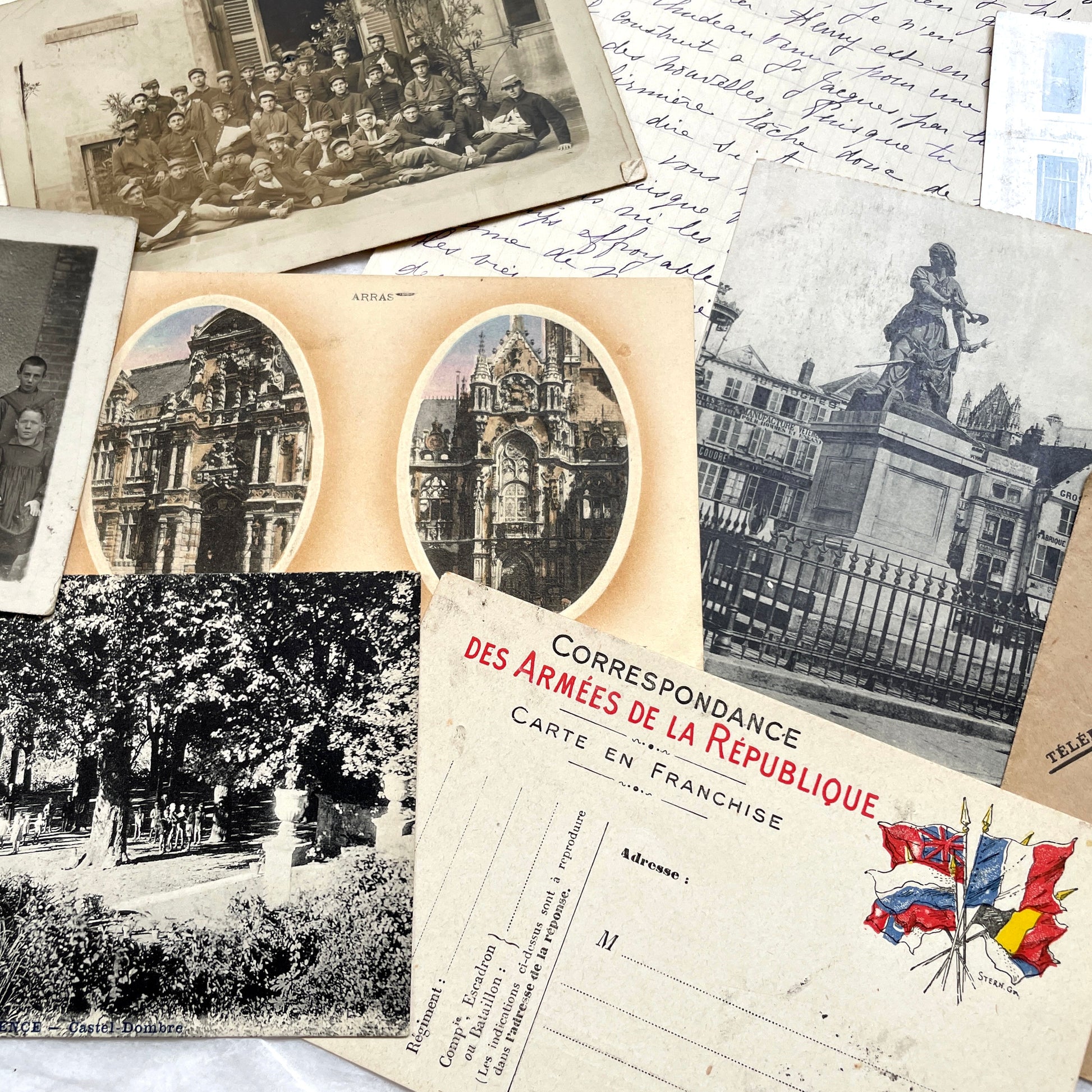 Mixed French Ephemera Lot, 1910s. Vintage postcards, handwritten letters, photos, and historical French documents.