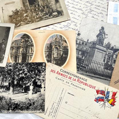 Mixed French Ephemera Lot, 1910s. Vintage postcards, handwritten letters, photos, and historical French documents.