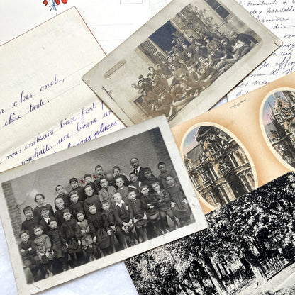 Mixed French Ephemera Lot, 1910s. Vintage postcards, handwritten letters, photos, and historical French documents.