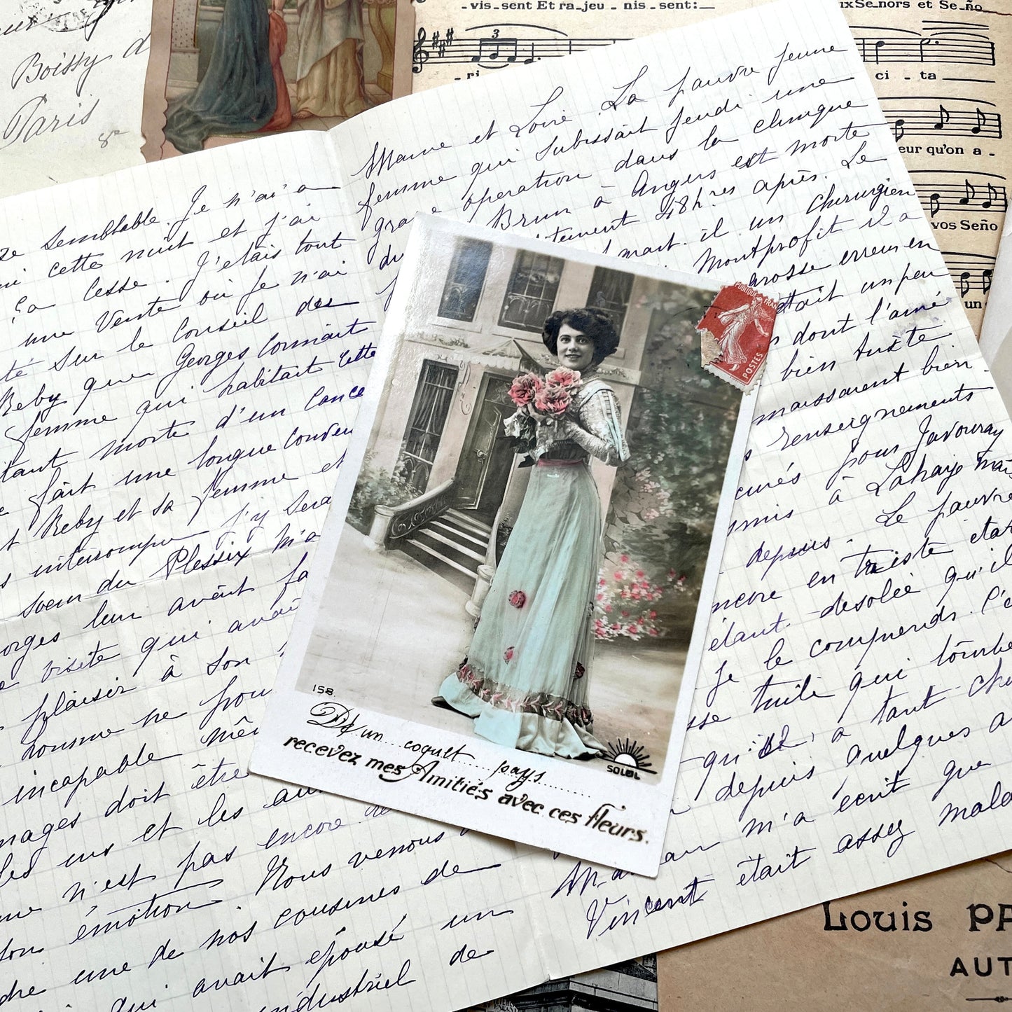 Mixed French Ephemera Lot, 1910s. Vintage postcards, handwritten letters, photos, and historical French documents.