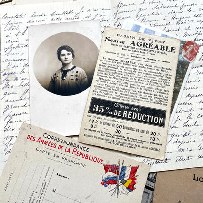 Mixed French Ephemera Lot, 1910s. Vintage postcards, handwritten letters, photos, and historical French documents.