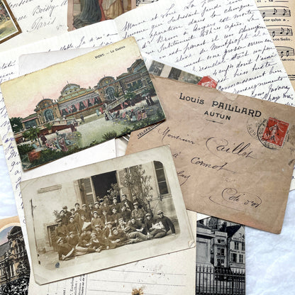 Mixed French Ephemera Lot, 1910s. Vintage postcards, handwritten letters, photos, and historical French documents.