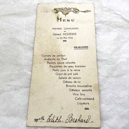 1940s - Vintage French First Communion Menu Set - Post-WWII Historical Event Ephemera - Dining Experience Memorabilia