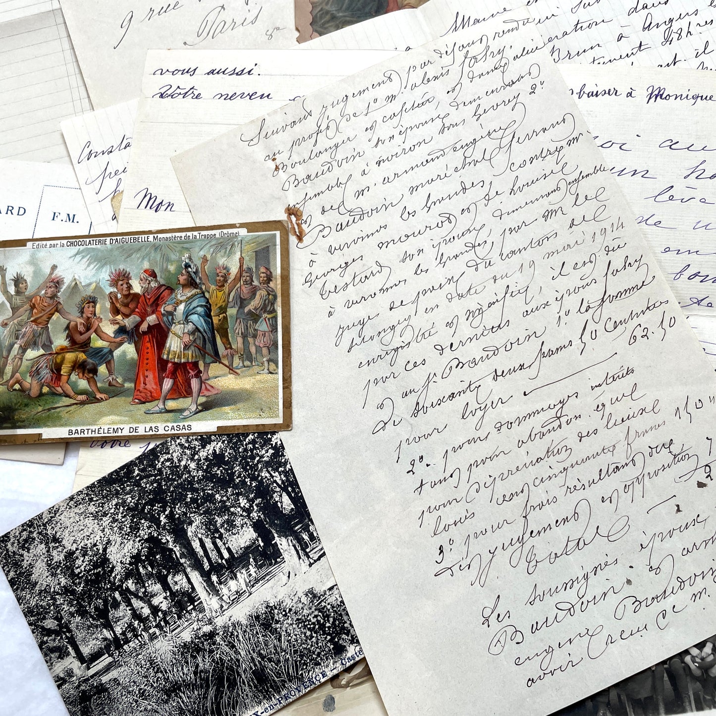 Mixed French Ephemera Lot, 1910s. Vintage postcards, handwritten letters, photos, and historical French documents.