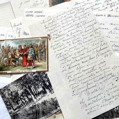 Mixed French Ephemera Lot, 1910s. Vintage postcards, handwritten letters, photos, and historical French documents.